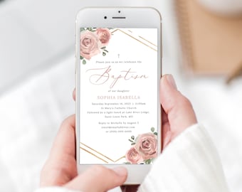 Digital Baptism Text Invitation Template, Dusky Pink Floral, Electronic Baptism Invite, Editable, Dusty Pink, Templett INSTANT Download