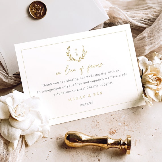 In Lieu of Favors Card Template, Elegant Gold Wreath Monogram, Charity Donation Card, Editable, Enclosure Card, Templett INSTANT Download