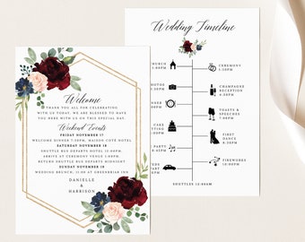 Wedding Itinerary Card Template, Burgundy Hexagonal, Demo Available, Printable Editable Instant Download