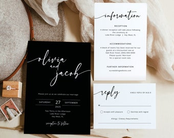 Wedding Invitation Template Set, Modern Script Black Background, Editable Wedding Invite, RSVP Details, Printable, Templett INSTANT Download