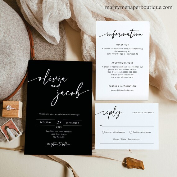 Wedding Invitation Template Set, Modern Script Black Background, Editable Wedding Invite, RSVP Details, Printable, Templett INSTANT Download