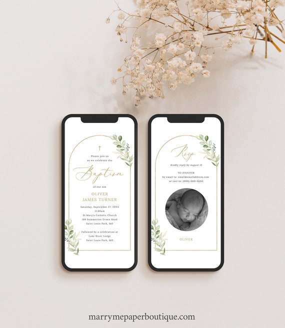 Digital Baptism Invitation Text Template, Greenery Arch, Baptism Text Invitation, Editable, Send by Phone, Templett INSTANT Download