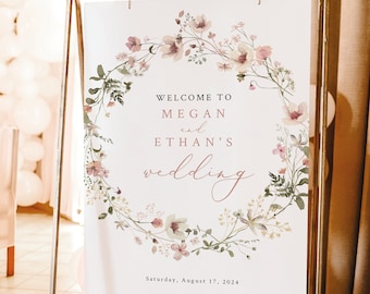 Wedding Welcome Sign Template, Rustic Pink Flowers, Editable, Welcome To Our Wedding Sign, Printable,Templett INSTANT Download