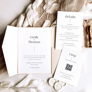 Wedding Invitation Set Templates, Pocketfold Design, Minimalist Modern, QR Code RSVP & Reply, Printable, Editable, Templett Instant Download