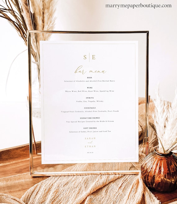 Bar Menu Sign Template, Minimalist Wedding Monogram, Gold, Wedding Drinks Menu, Printable, Editable 8x10 Bar Menu, Templett INSTANT Download