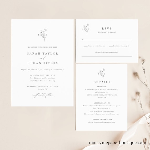 Wedding Invitation Template Set, Floral Wedding Monogram, Editable Wedding Invite Suite, RSVP, Details, Printable, Templett INSTANT Download