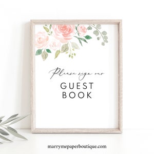 Guest Book Sign Template, Blush Pink Floral, Printable, Pink Flowers ...