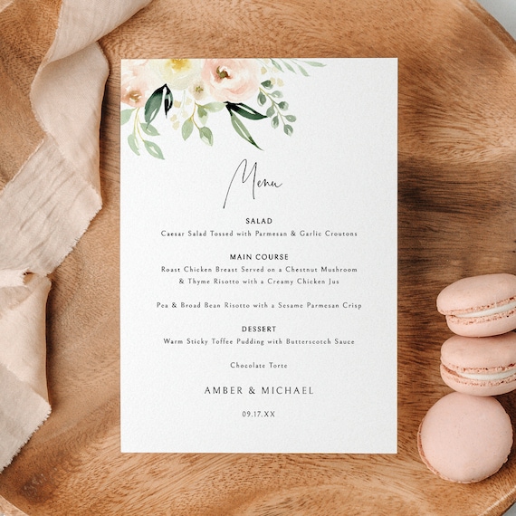 Wedding Menu Template, Pink Flower & Greenery, Editable, 5x7 Menu, Pink Flower Wedding Table Menu Card, Printable, Templett INSTANT Download