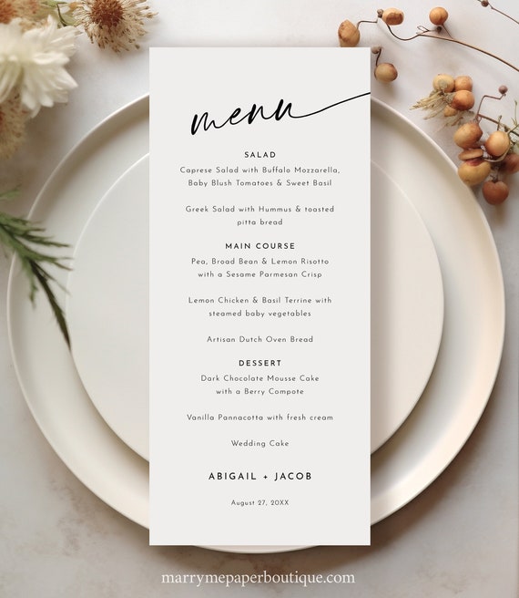 Wedding Menu Template, Minimalist Calligraphy, 4x9, Modern Menu Card, Editable, Printable, Wedding Table Menu, Templett INSTANT Download