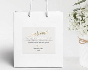 Welcome Bag Label Template, Modern Script Gold, Editable & Printable, Templett Instant Download, Try Before Purchase