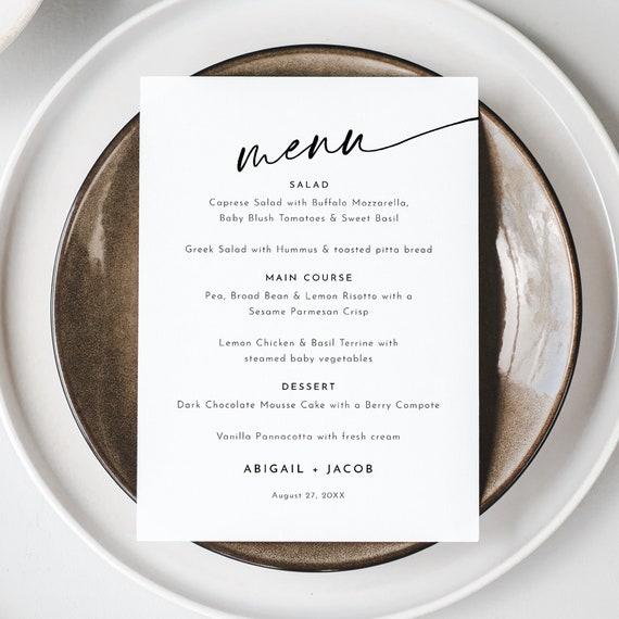 Wedding Menu Template, Modern Minimalist Calligraphy, 5x7 Menu, Minimalist Table Menu Card Template, Editable, Templett INSTANT Download