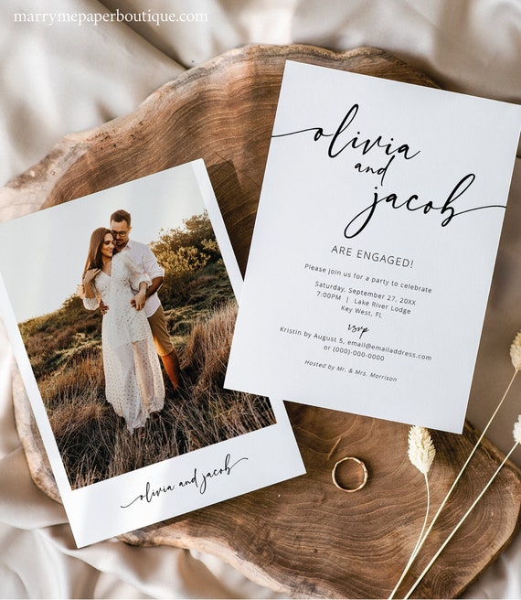 Engagement Announcement Photo Card Template, Modern Calligraphy, Engagement Party Invitation Card Printable, Templett INSTANT Download