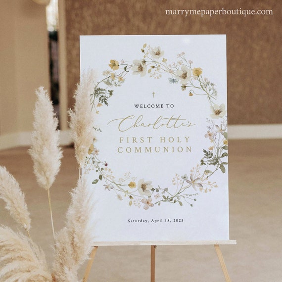 First Communion Welcome Sign Template, Rustic Yellow Flowers, Printable, Editable, First Holy Communion Sign, Templett INSTANT Download