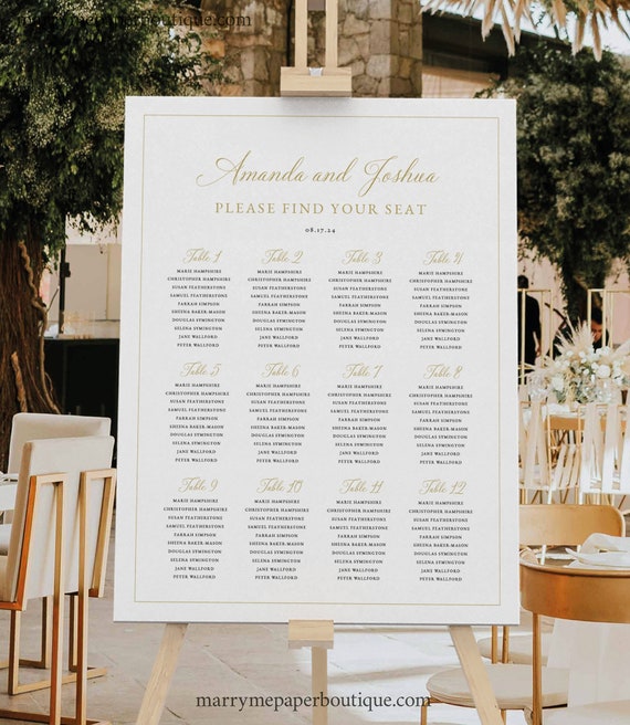 Wedding Seating Chart Template, Traditional Wedding Calligraphy in Gold, Editable Seating Plan, Seating Poster, Templett INSTANT Download