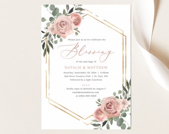 Blessing Ceremony Invitation Template, Dusky Pink Floral, Editable Baby Blessing Invitation Card Printable, Templett INSTANT Download