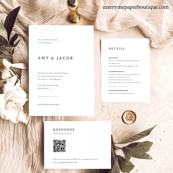 Wedding Invitation Suite Templates, Simple Classic, QR Code RSVP & Reply, Printable, Editable Wedding Invite, Templett INSTANT Download