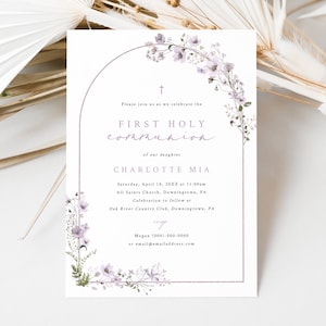 First Communion Invitation Template, Rustic Lavender Flowers Arch, Editable, First Holy Communion Invite Card, Templett INSTANT Download