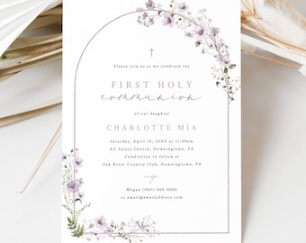 First Communion Invitation Template, Rustic Lavender Flowers Arch, Editable, First Holy Communion Invite Card, Templett INSTANT Download