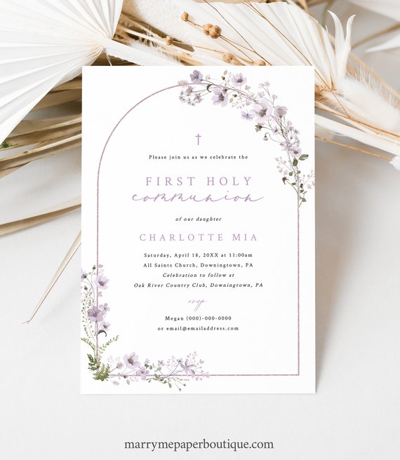 First Communion Invitation Template, Rustic Lavender Flowers Arch, Editable, First Holy Communion Invite Card, Templett INSTANT Download