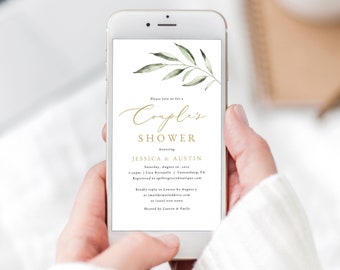 Couples Shower Electronic Text Invitation Template, Olive Leaf Greenery, Digital Couples Shower Invite, Editable, Templett INSTANT Download