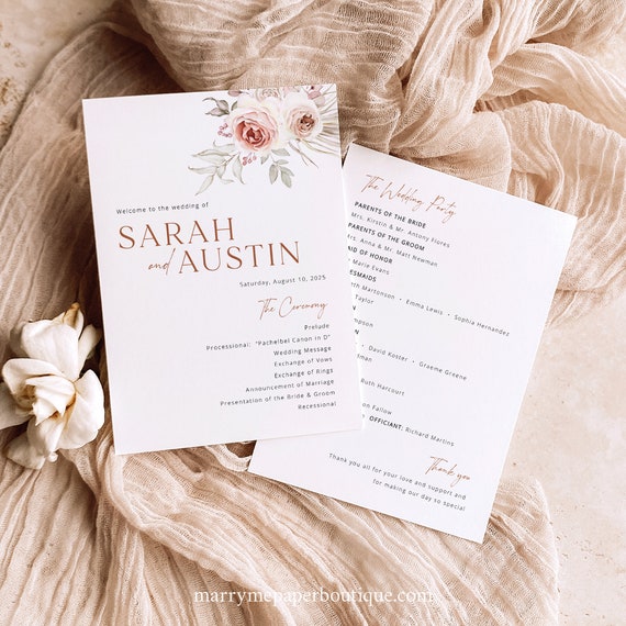 Wedding Program Template, Elegant Floral Boho, 5x7, Wedding Ceremony Program, Printable, Editable, Boho Program, Templett INSTANT Download