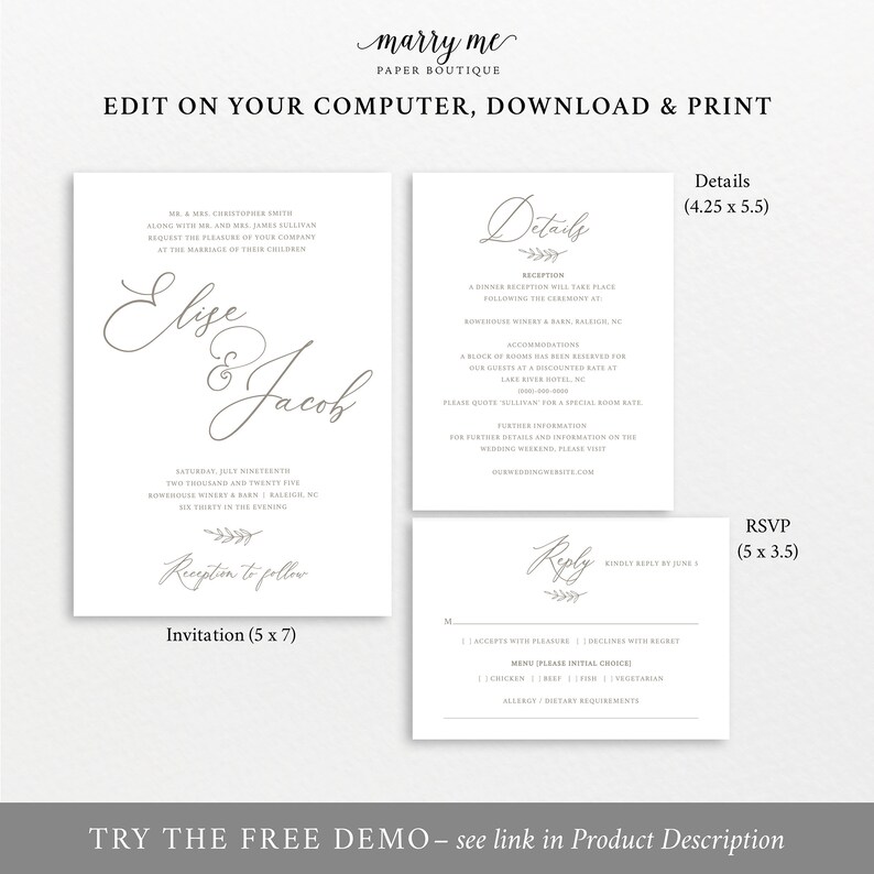 Wedding Invitation Template Set, Try Before Purchase, Invite, RSVP & Details Card Printables, Instant Download, Editable image 4