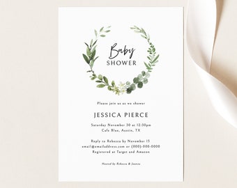 Baby Shower Invite Template, Elegant Greenery, Invitation Printable, Templett Instant Download, Try Before Purchase