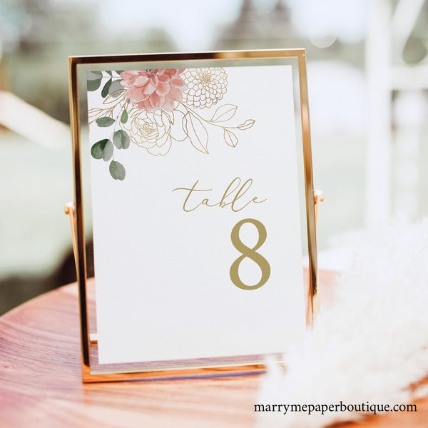 Table Number Sign Template, Blush & Gold Flowers, Elegant Wedding Table Number, Printable, Templett INSTANT Download, Editable