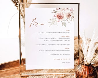 Wedding Table Menu Sign Template, Elegant Floral Boho, 8x10, Wedding Menu Sign, Printable, Editable, Boho Menu, Templett INSTANT Download