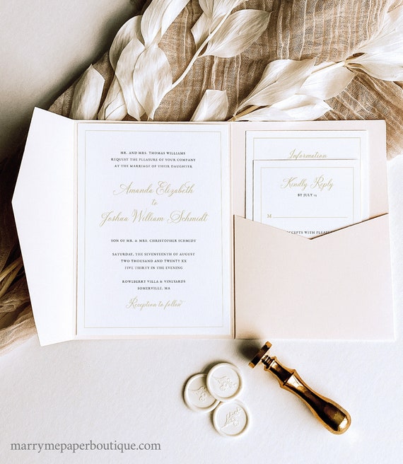 Wedding Invitation Template Suite, Pocketfold Design, Calligraphy Design in Gold, Details & RSVP, Editable, Templett INSTANT Download