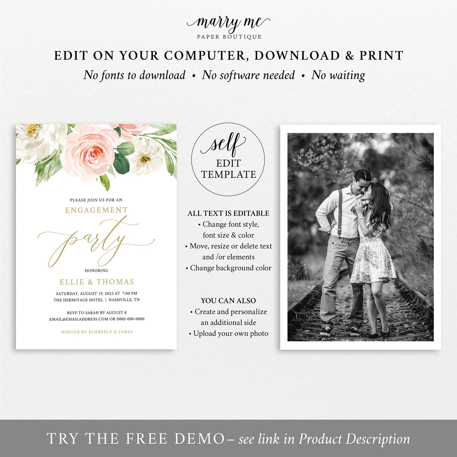 Engagement Party Invite Template Blush Floral TRY BEFORE You Etsy