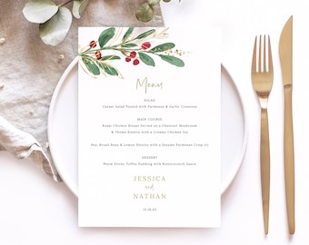 Wedding Menu Template, Winter Wedding, Editable Table Menu, Wedding Menu Card, Printable, 5x7, Christmas Menu, Templett INSTANT Download