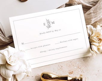 RSVP Card Template, Leaf Monogram Border, Wedding Reply Card, Bridal Shower RSVP Card Template, Editable, Templett INSTANT Download