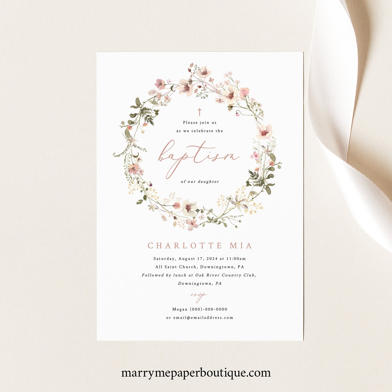 Baptism Invitation Template Rustic Pink Flowers Editable - Etsy