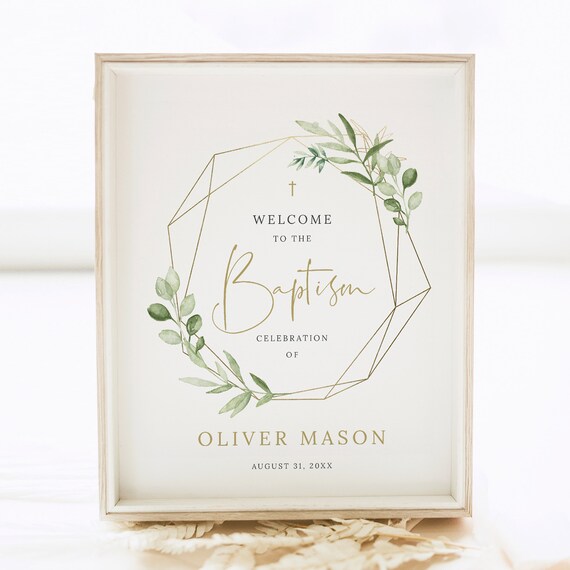 Baptism Welcome Sign Template, Greenery & Gold Geometric, 8x10, Greenery Welcome to the Baptism Sign, Editable, Templett INSTANT Download