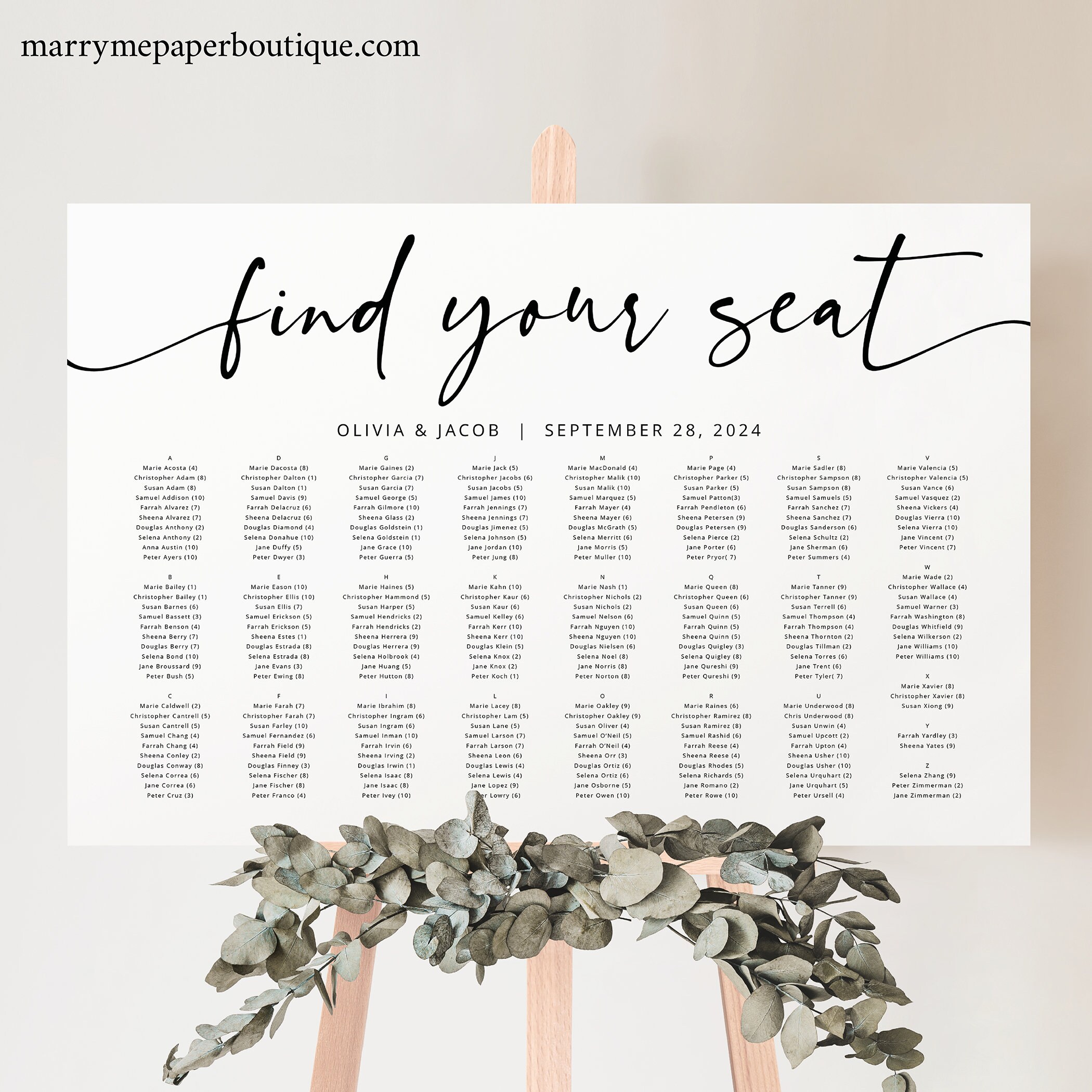 Seating Chart Template, Modern Calligraphy, Editable Seating Plan, Printable Seating Poster ...