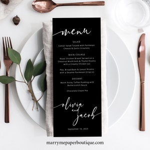 Wedding Menu Card Template, Modern Calligraphy, Black Menu, Table Menu, Printable, Editable, Templett INSTANT Download