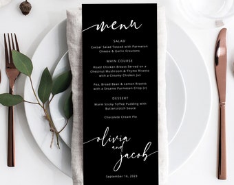 Wedding Menu Card Template, Modern Calligraphy, Black Menu, Table Menu, Printable, Editable, Templett INSTANT Download