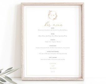 Wedding Bar Menu Template, Gold, Wedding Crest & Monogram, Editable, Printable, Wedding Drinks Menu Sign, Templett INSTANT Download