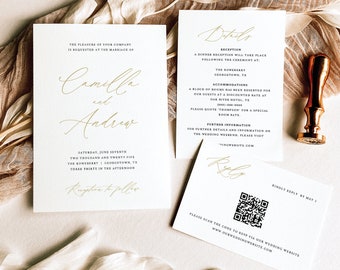 Wedding Invitation Template Kit, Stylish Gold Script, QR Code RSVP, Editable, Elegant Wedding Invites, Printable, Templett INSTANT Download