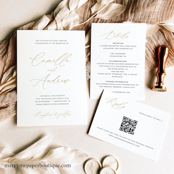Wedding Invitation Template Kit, Stylish Gold Script, QR Code RSVP, Editable, Elegant Wedding Invites, Printable, Templett INSTANT Download