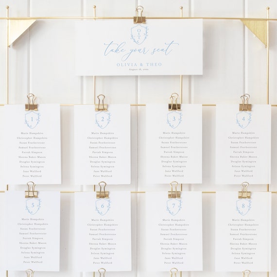 Seating Chart Cards Template, Blue Wedding Crest & Monogram, Editable, Wedding Seating Plan Cards, Header Card, Templett INSTANT Download