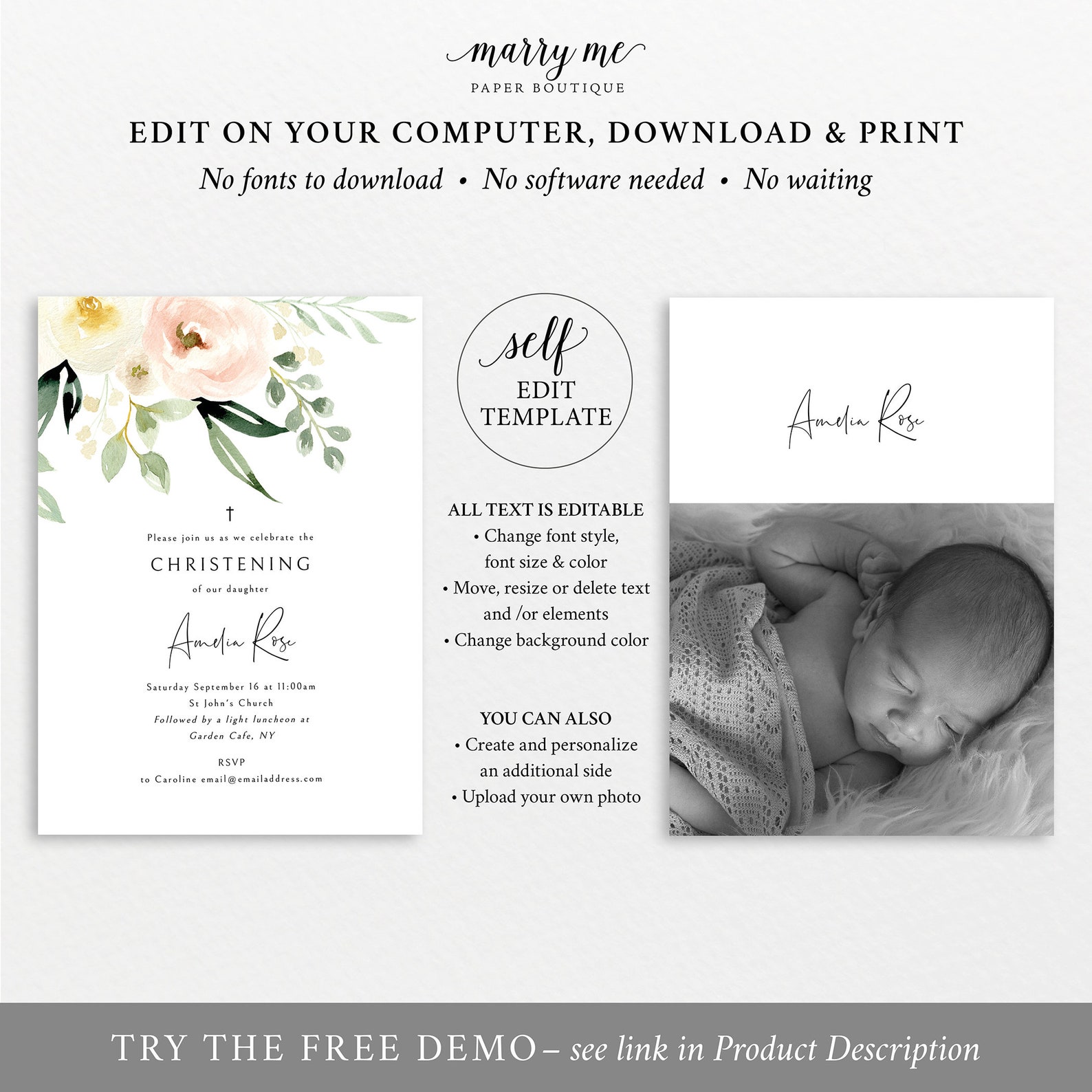 Christening Invitation Template Pink Floral Greenery Ivory - Etsy