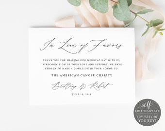 In Lieu of Favors Card Template, Stylish Script, Editable Instant Download, FREE Demo Available