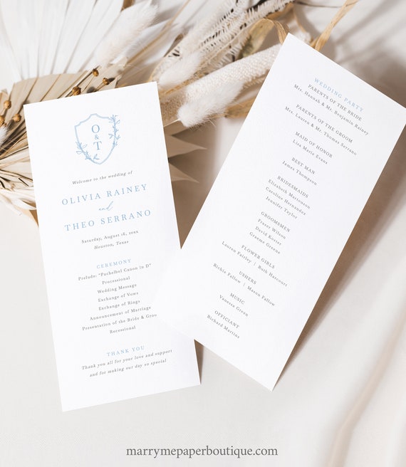 Wedding Program Template, Blue Crest & Monogram, Printable, Monogram Wedding Ceremony Program, Editable, 4x9, Templett INSTANT Download