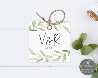 Monogram Tag Template, Greenery Leaves, Editable Instant Download, Try Before Purchase