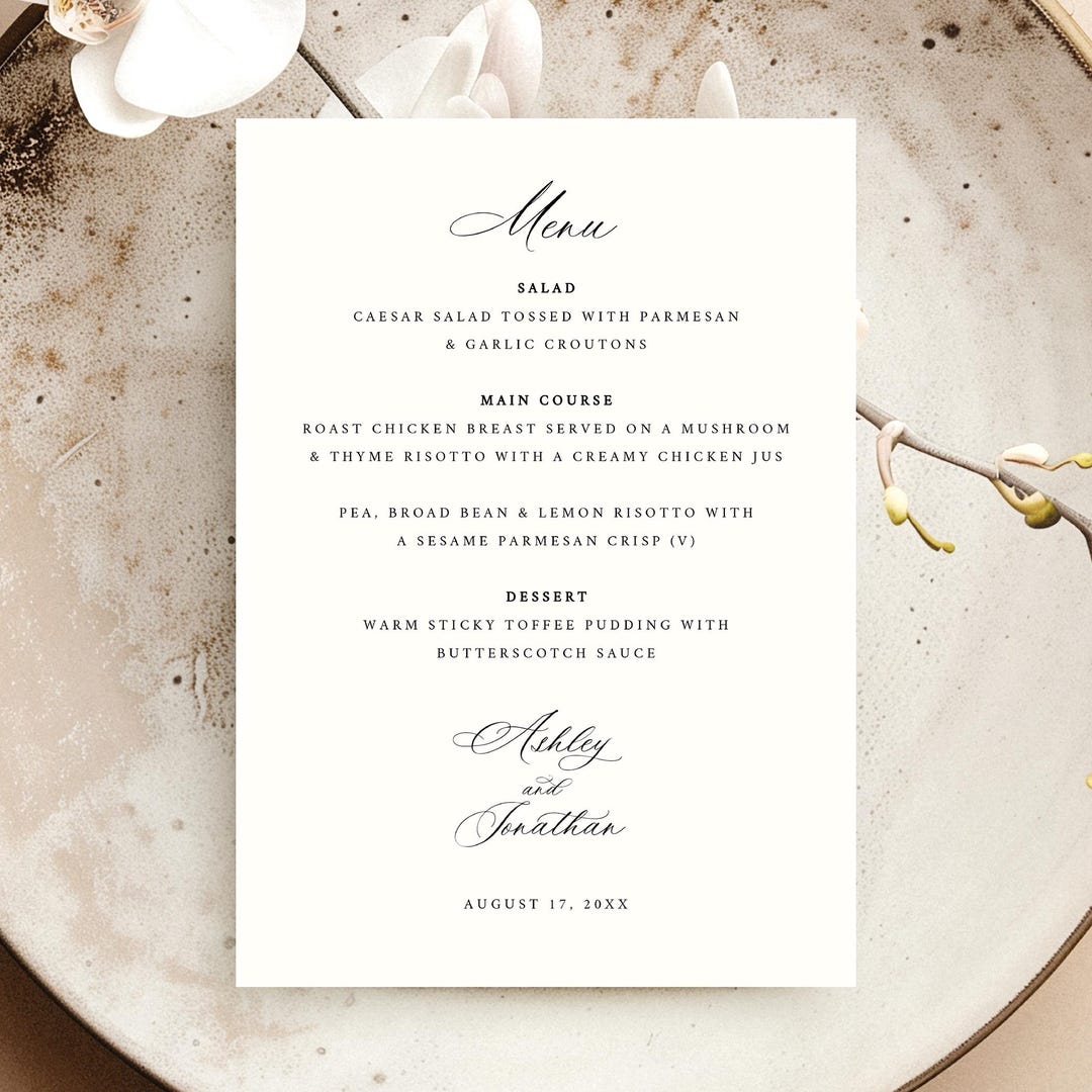 Wedding Menu Template, Traditional Classic Calligraphy, Editable ...