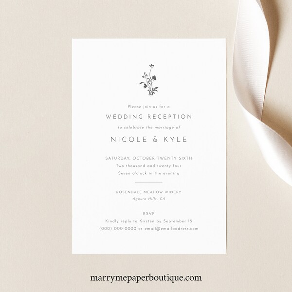 Reception Invitation Template, Elegant Botanic Flowers, Wedding Reception Invitation Card, Printable, Templett INSTANT Download, Editable