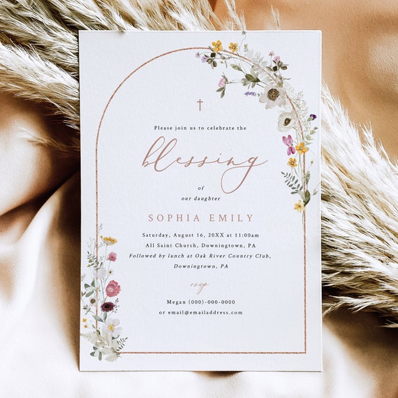 Child Blessing Ceremony Invitation Template, Rustic Wildflower Arch, Printable, Blessing Invite Card, Templett INSTANT Download, Editable