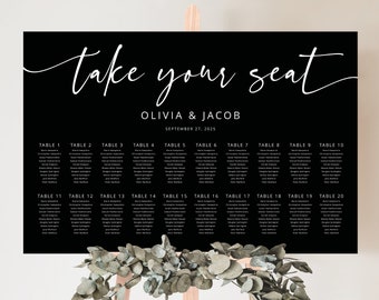 Wedding Seating Chart Template, Modern Script, Black Background, Wedding Seating Plan Printable, Editable Poster, Templett INSTANT Download